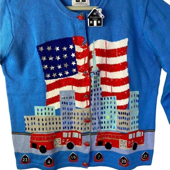 NWT Storybook Knits L/S Cardigan in Azure Blue Limited Edition Patriotic Theme L - Picture 4 of 6